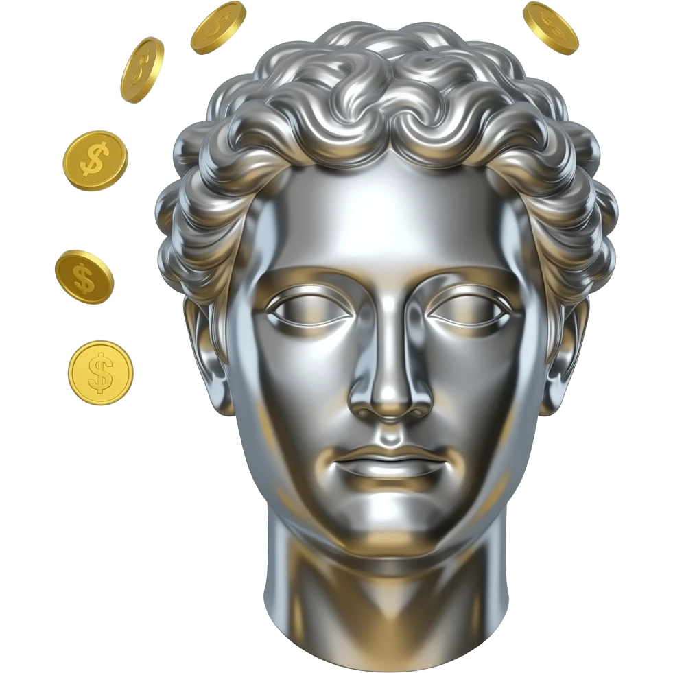 create a all chrome greek statue head with money coins falling in the background emoji