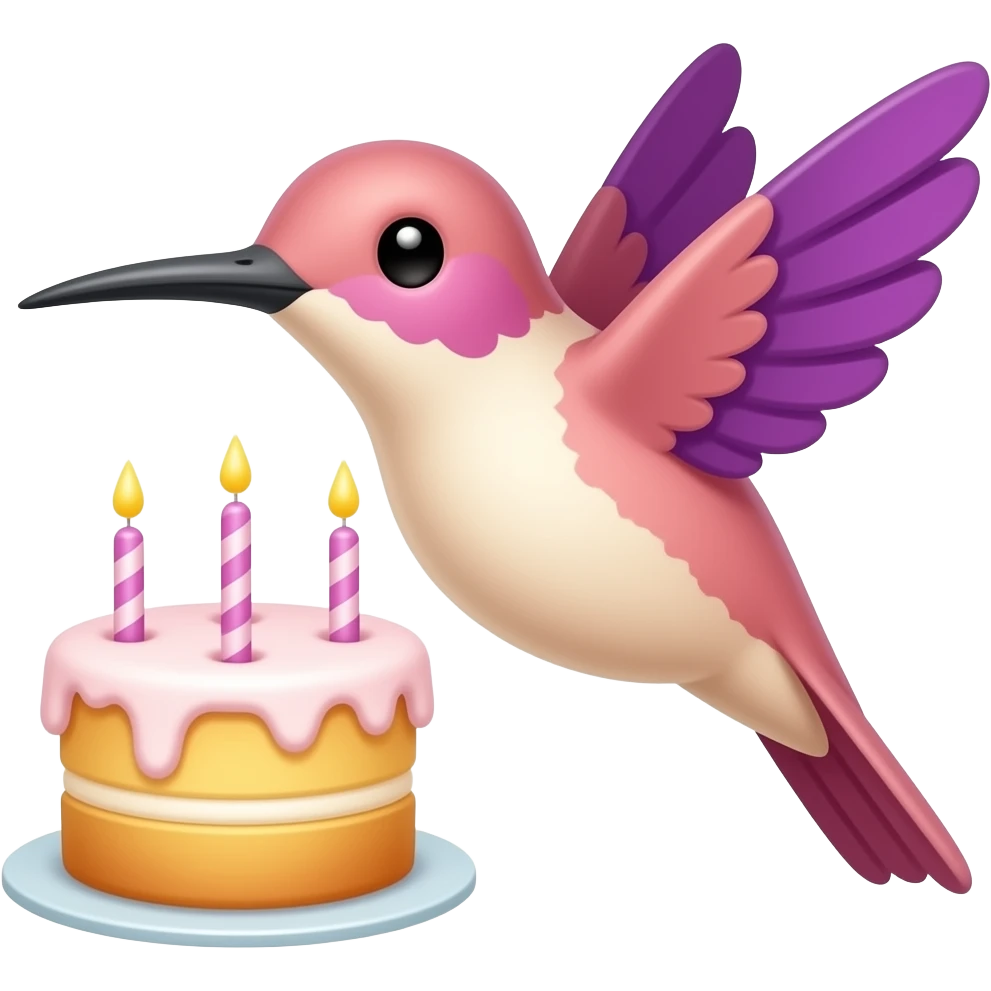 A small peach color and purple hummingbird emoji simple flying with a cake emoji