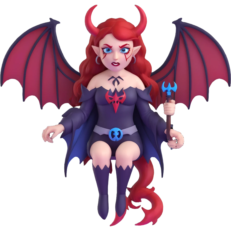 extremely diabolical demon girl with massive bat wings, blood red hair, sinister glowing blue eyes, dark hellish aura, sharp horns, fangs, pentagram emoji