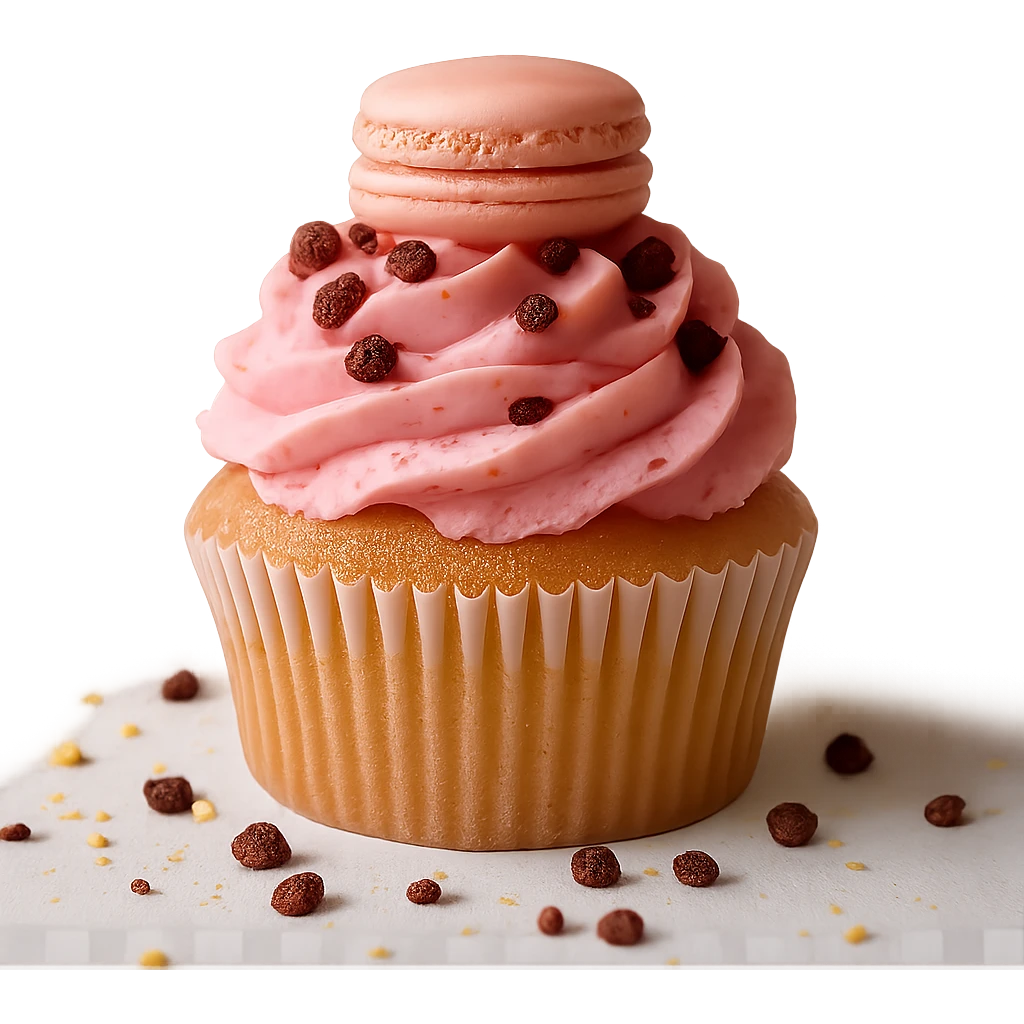 Change the icing to strawberry flavor, keep the realistic cupcake and accessories, photorealistic style, transparent background. Maintain the realistic look and details of the cupcake and accessories while changing the icing to strawberry. emoji