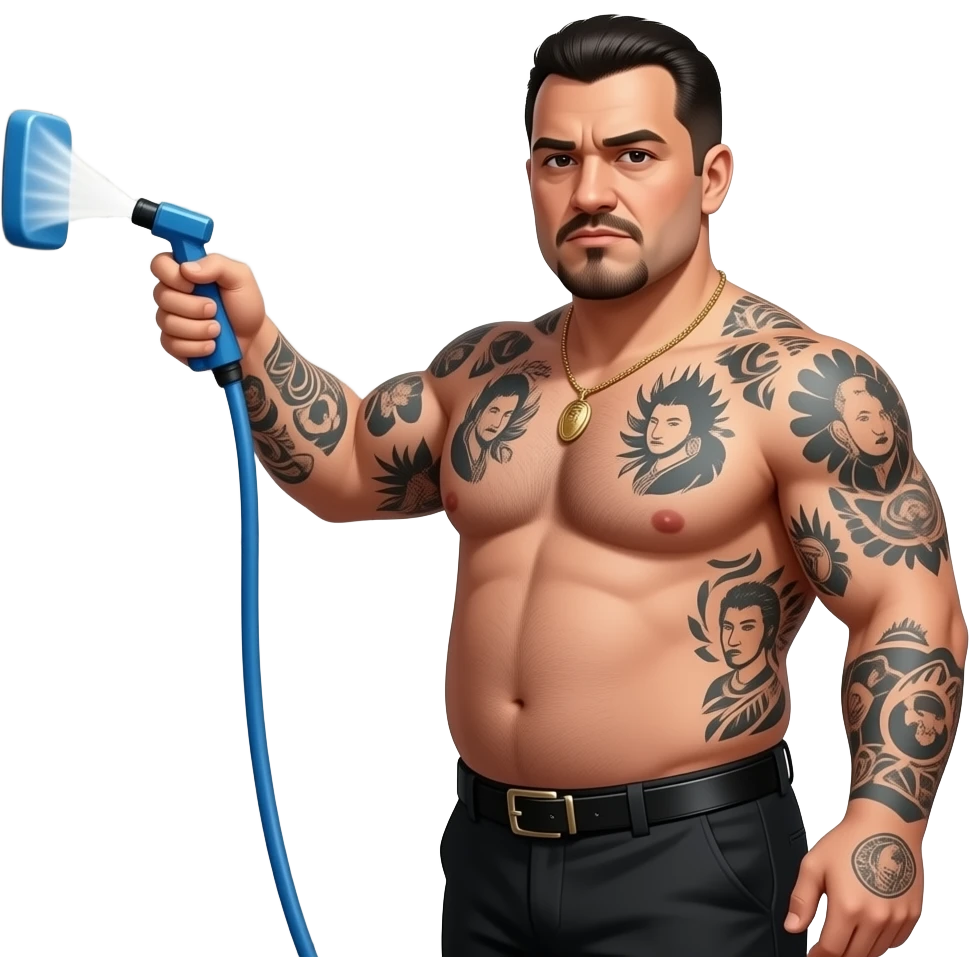 Fat gangster, Italian guy power washing with a lot of tattoos emoji