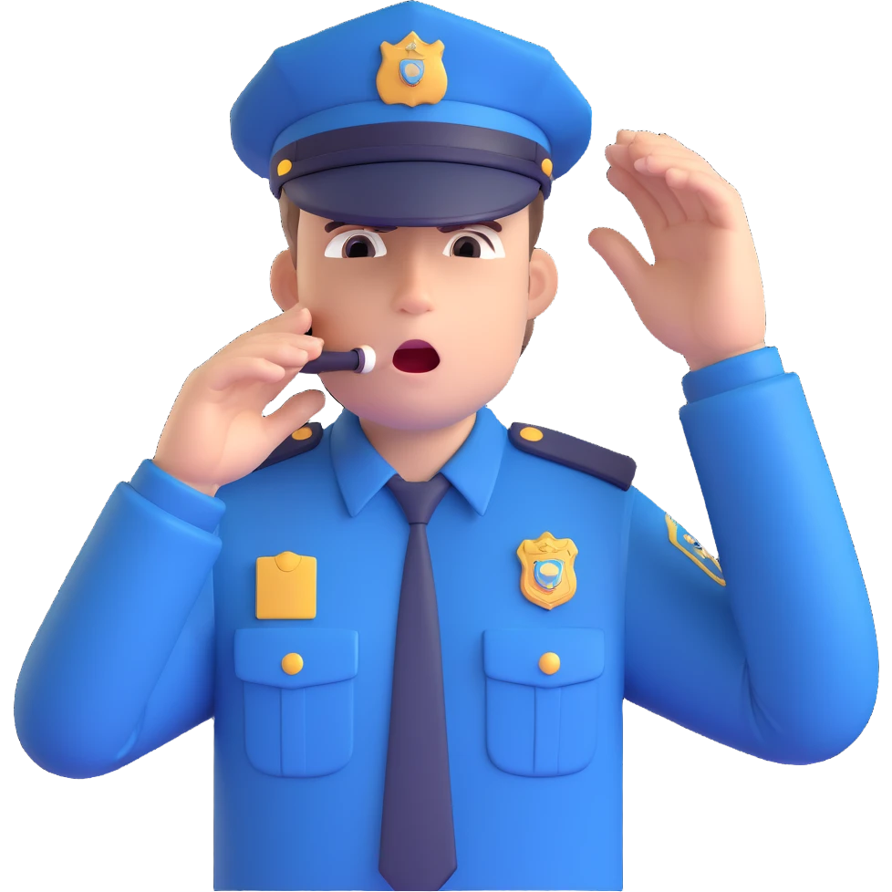 3D style police officer, facing forward, blowing a whistle, hand up to stop, realistic uniform, expressive face, subtle shading emoji
