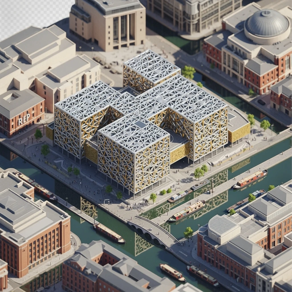 Isometric illustration of Birmingham, featuring the Library of Birmingham with its modern architecture and nearby canals, highly detailed in semi-realistic style, balanced between stylized and realistic, 3D miniature effect, transparent background. emoji