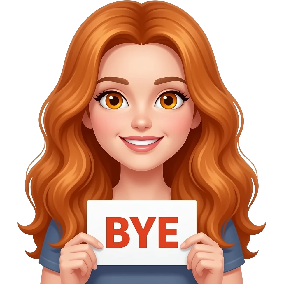sexy girl with long wavy ginger hair and ginger eyes wearing a top is holding a BYE sign emoji