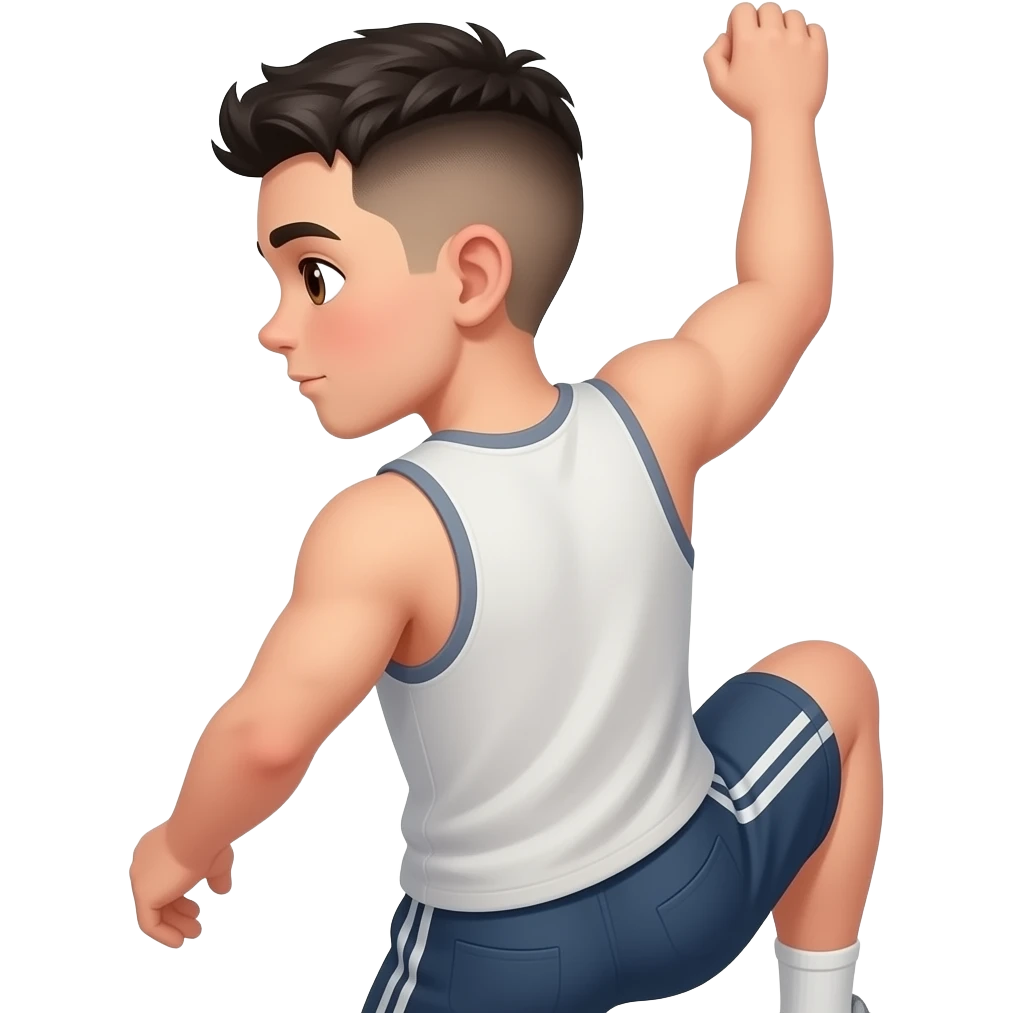 Hazme un chico con pelo rapado, en cresta y negro, ojos marrones. Y que este un poco musculoso. que este escalando de espaldas emoji