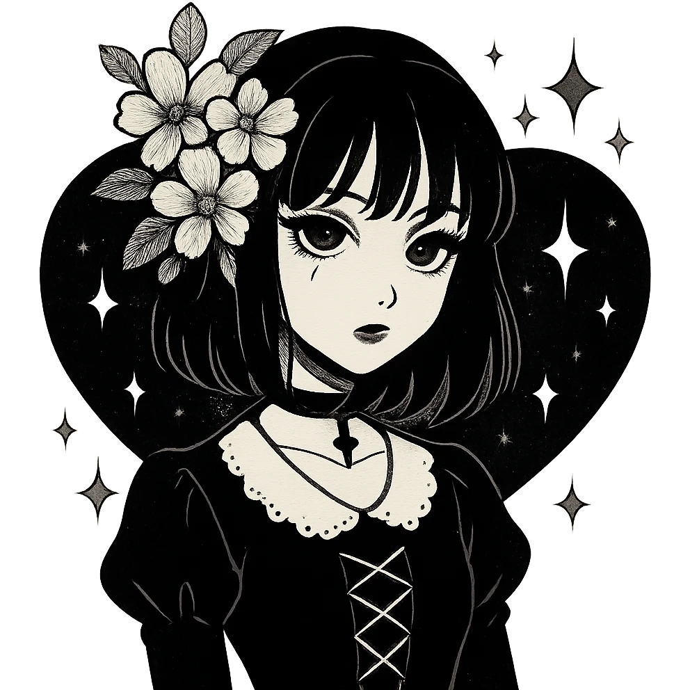 goth sakura black heart with  and magical sparkles, remove background emoji
