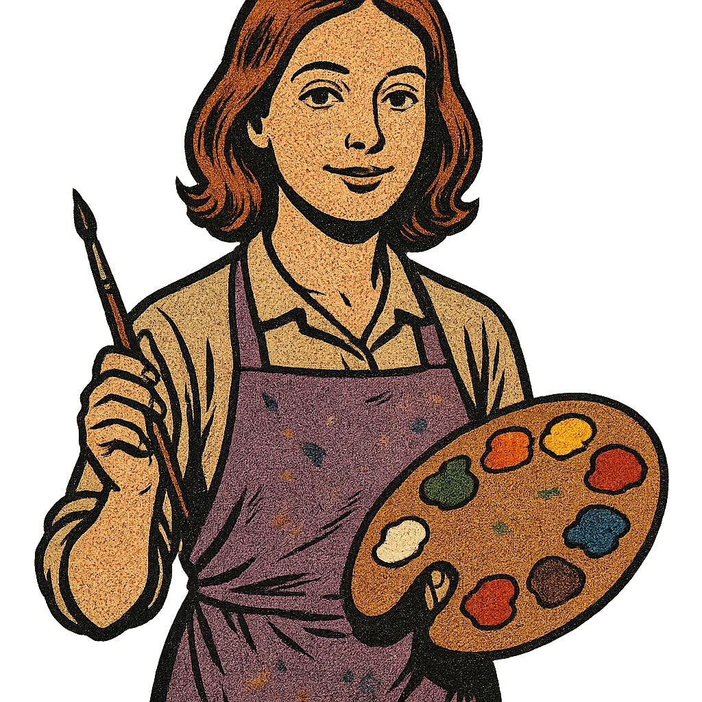 Serene female oil painter, Caucasian features, shoulder-length auburn hair, soft brown eyes, gentle smile, wearing a violet painter’s apron lightly stained with paint over a beige blouse, holding a wooden palette with vibrant colors in one hand and a brush in the other, waist-up, front-facing emoji