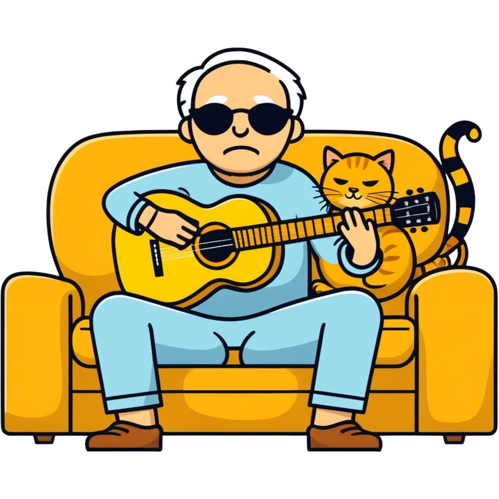  older blind man playing guitar  on the couch with his golden cat  emoji