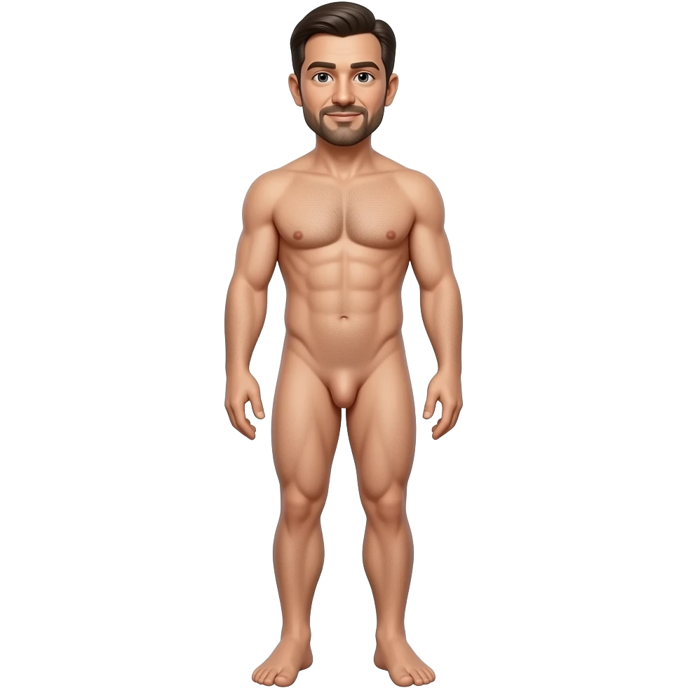 A guy, 50 year old, full length, completely naked, with a medium penis emoji