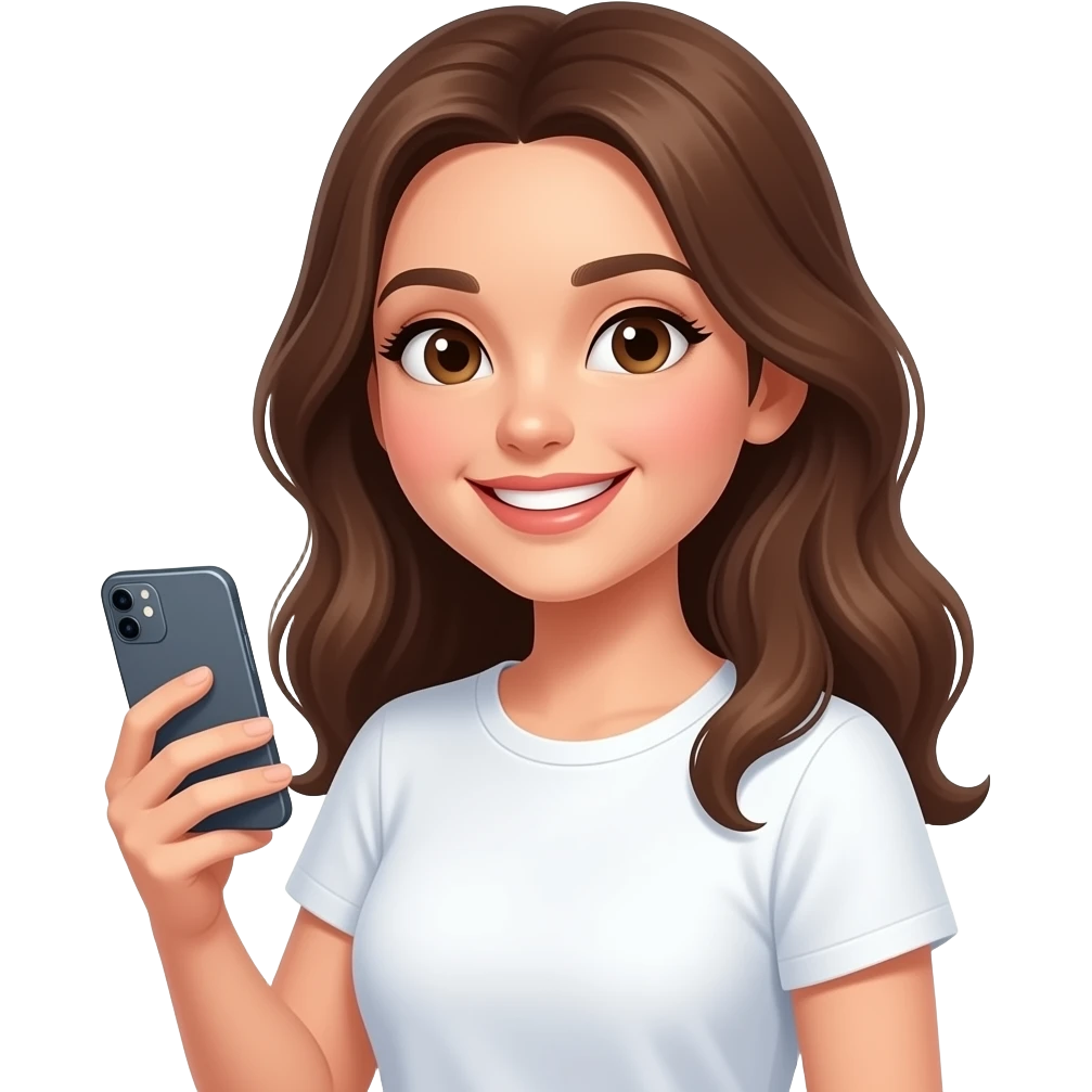 beautiful brunette girl holding an iPhone emoji