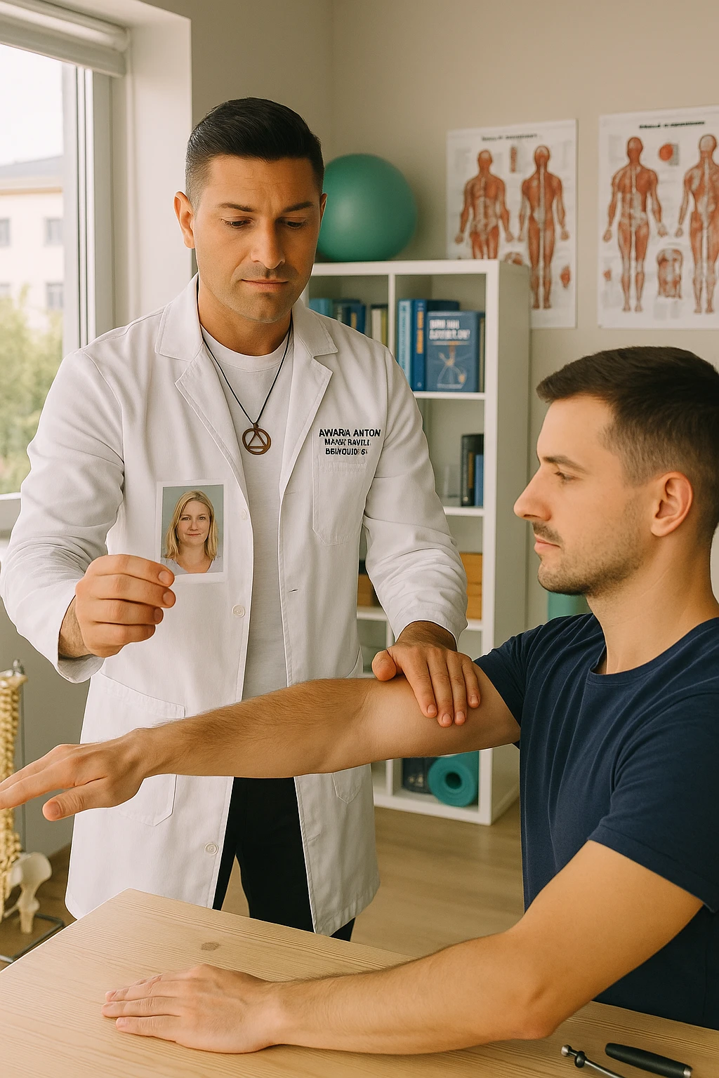 a middle-aged man, dressed in casual professional attire, is in a bright, organized therapy studio. Durante una visita di kinesiologia, il ragazzo tiene con una mano la foto di una persona lontana (il “testimone”) tiene la foto in mano, mentre con l’altra mano esegue un test muscolare su un cliente presente senza foto. Sullo sfondo si vedono libri di kinesiologia, poster anatomici e strumenti tipici della disciplina. L’atmosfera è concentrata e serena, con luce naturale che entra dalla finestra, sottolineando l’aspetto alternativo e umano della pratica. emoji