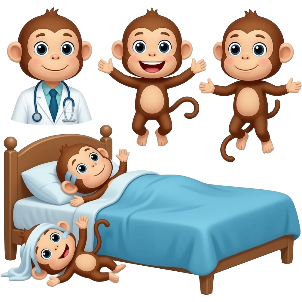 Cinco monitos saltando en la cama uno se cayó se lastimó la cabeza mamá llamada doctor y el doctor dijo no más monitos saltando en la cama emoji