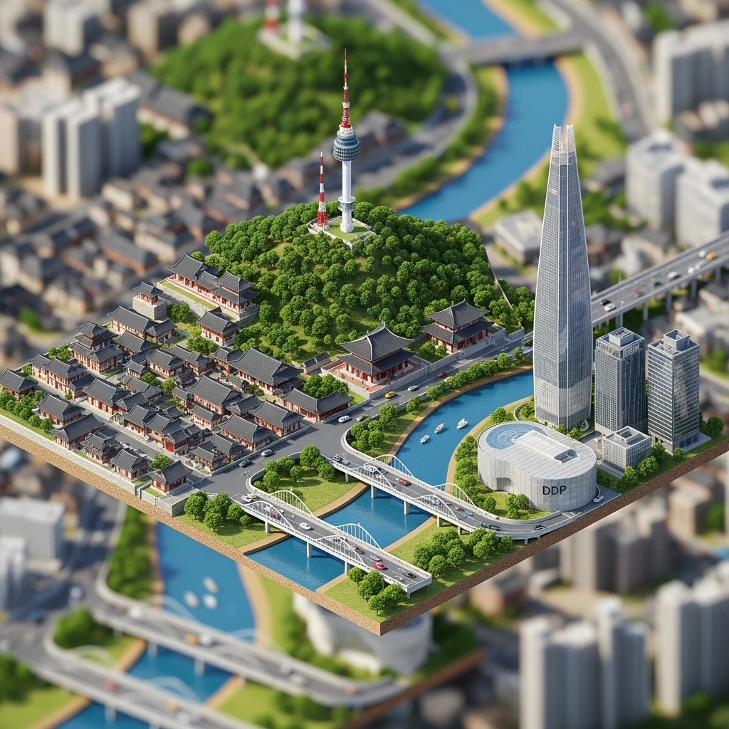 Isometric diorama of Seoul typical houses, Namsan Seoul Tower, Gyeongbokgung Palace, Lotte World Tower, Dongdaemun Design Plaza, and Han River bridges, 3D miniature effect and Tilt Shift effect, no cartoonish look, transparent background. emoji