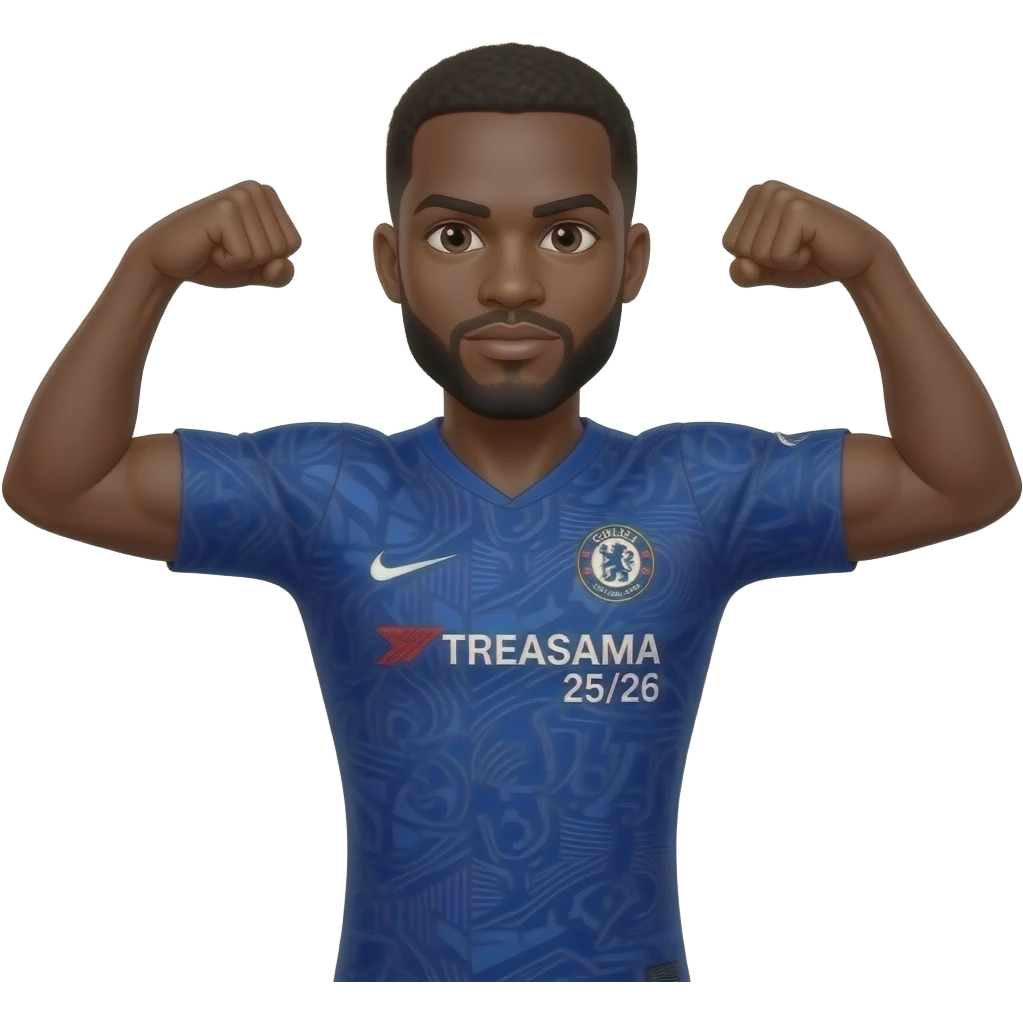 Black man with goatee double arm flex wearing Chelsea 25/26 third jersey emoji