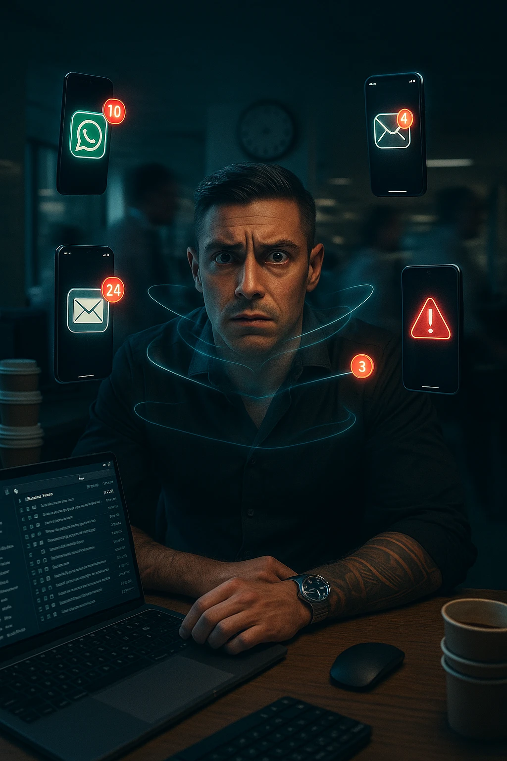 A highly realistic, cinematic portrait of a young man in his early 30s with a tired, tense expression, sitting at his modern office desk surrounded by multiple smartphones with glowing notification bubbles (WhatsApp, emails, alerts) hovering around him like aggressive neon icons. His posture is hunched, shoulders raised, eyes slightly wide, and jaw clenched, representing constant hyper-vigilance and stress. The environment is a cold, cluttered workspace with a laptop displaying endless emails and Slack notifications, coffee cups stacked nearby, and a clock showing late hours, symbolizing the relentless pace of modern work life. Behind him, ghostly blurred figures rush by in a fast-motion effect, representing the constant rush and societal pressure. A faint, tight grey aura wraps around his chest and head, symbolizing blocked breathing and mental tension, while faint blue light tries to push through, representing the body’s desire to find calm. The lighting is harsh and cool, with a 35mm hyperrealistic film style, shallow depth of field focusing on the man’s stressed face and the floating notifications, illustrating the modern trap of always being on alert. emoji