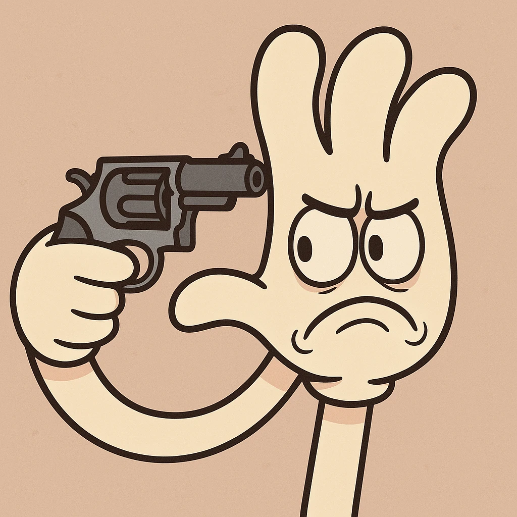 cartoon hand holding a gun to its own head, expressive, no blood, simple background emoji