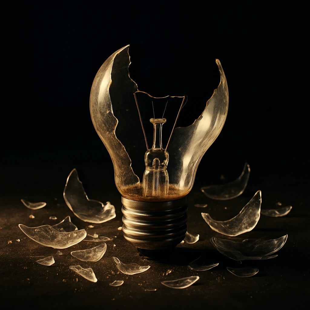 a broken, shattered lightbulb with glass shards, dramatic and expressive lighting emoji