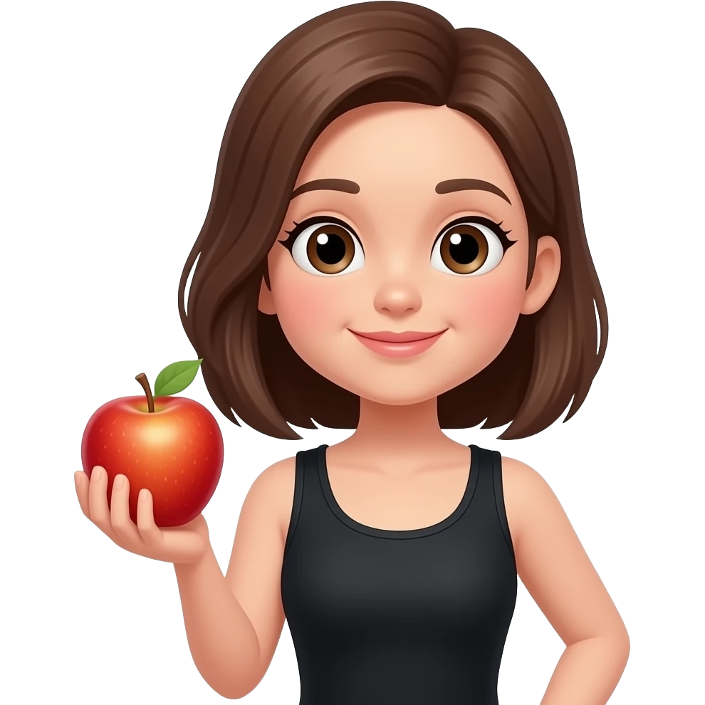 Cartoon 2d girl in black tank top hold an apple emoji