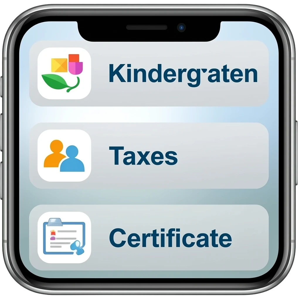 Смартфон-помощник: Нарисуй экран телефона, на котором открыты иконки: «Детский сад», «Налоги», «Справки». emoji