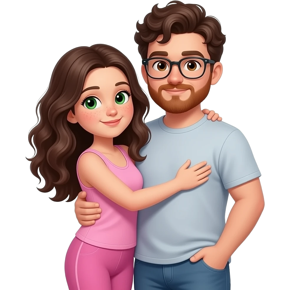 young girl in the style of iphone emoji people, fair skin, green eyes, freckles,long dark brown wavy hair, pink tank top and pink leggings, and her boyfriend, brown eyes, dark short curly hair and red beard and glasses, slightly fuller but not too much, hug each other emoji