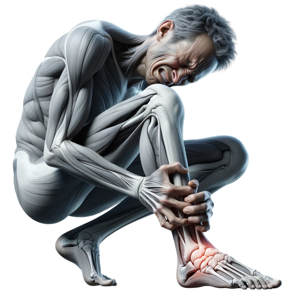 corpo umano anatomico con espressione di dolore in volto che si tiene il piede tra le mani perché ha dolore al piede, iperrealistico 4k, isolato su sfondo bianco emoji
