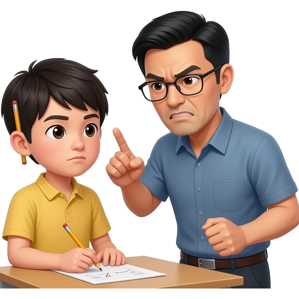 VERY stereotypical Chinese man scolding his son who hit a B on his mathbtest emoji