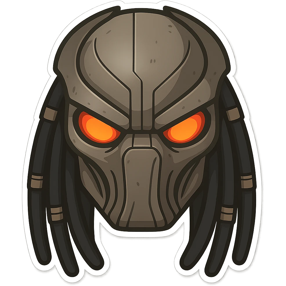 Chibi Yautja (Predator) mask with a neutral expression, simplified and bold for emoji use, clear outline, minimal detail, large eyes, no background emoji