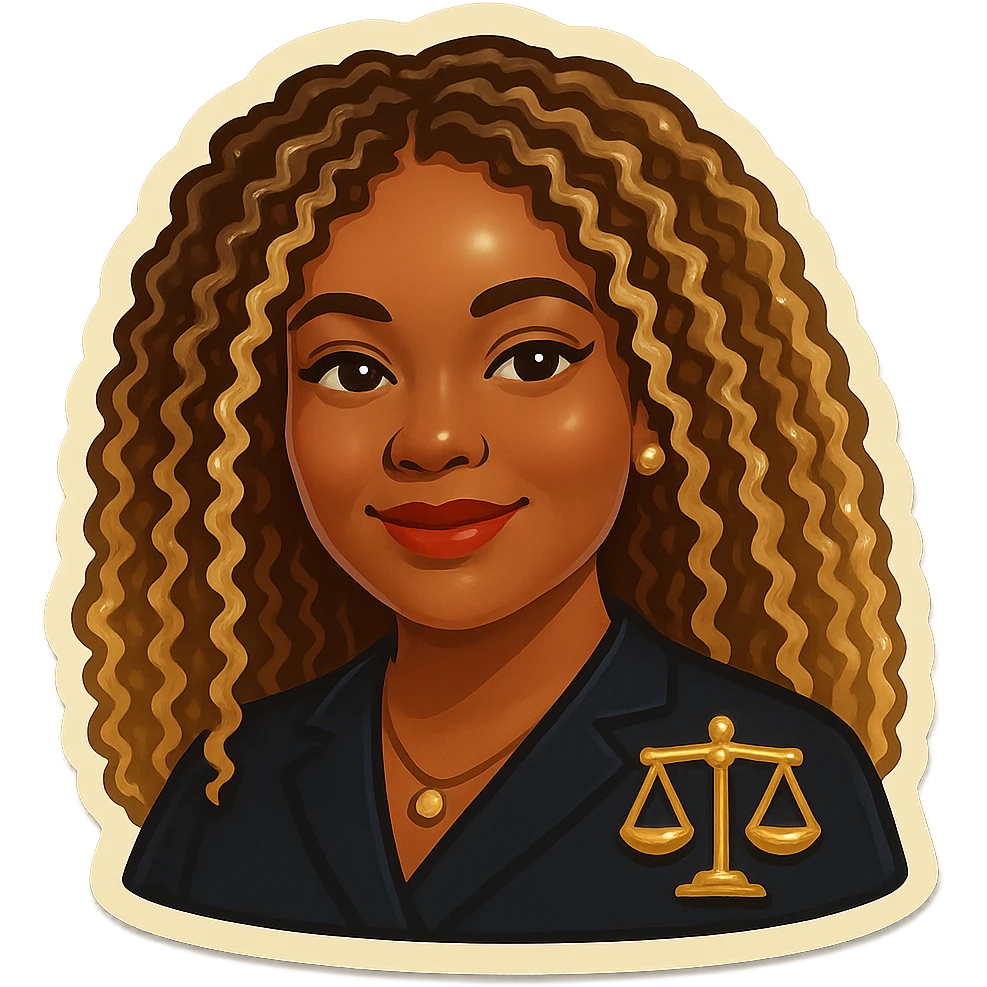 Transform into an emoji of a black female face with blonde hair blended with highlights and brown tones, serene, confident and welcoming expression. Wearing a dark professional outfit with a subtle justice symbol (stylized scale) either in the background or on the clothing. Include a maternal detail such as a delicate pendant, subtle earrings or a discreet hair accessory. Transparent background. emoji