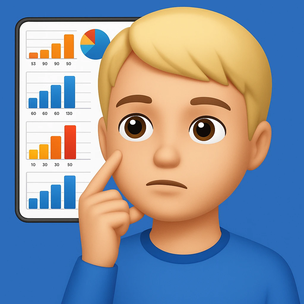 Edit the image of a person thinking with graphs in the background in the style of apple emojis. Create variations with a blue background, yellow background, green background, and pink background. The style should reflect the apple emoji style with no text, concise and clean. emoji
