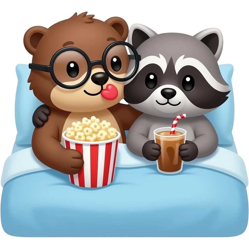 an otter with round glasses snuggling with a raccoon making a kiss face with popcorn and hot chocolate in bed emoji