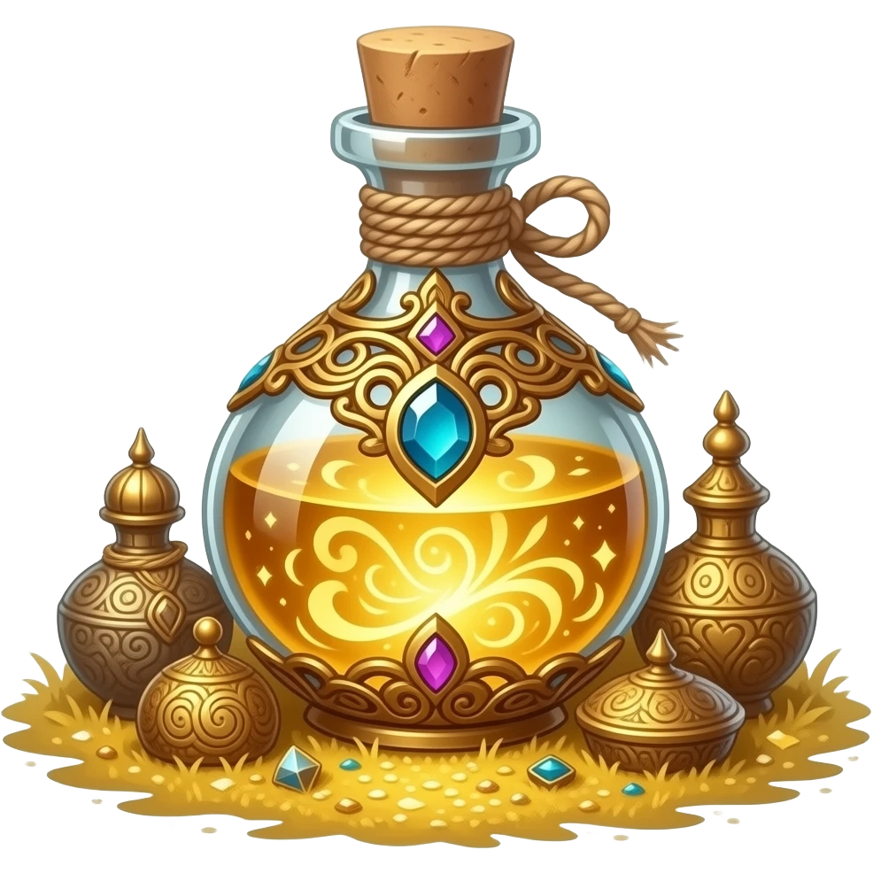 a luminescent eleshynya vial, forged in ornate golden filigree, gemstones catching soft magical light, filled with swirling radiant gold essence, sealed with twine, resting among ancient gilded relics on a shimmering golden field, mystical luxury atmosphere emoji