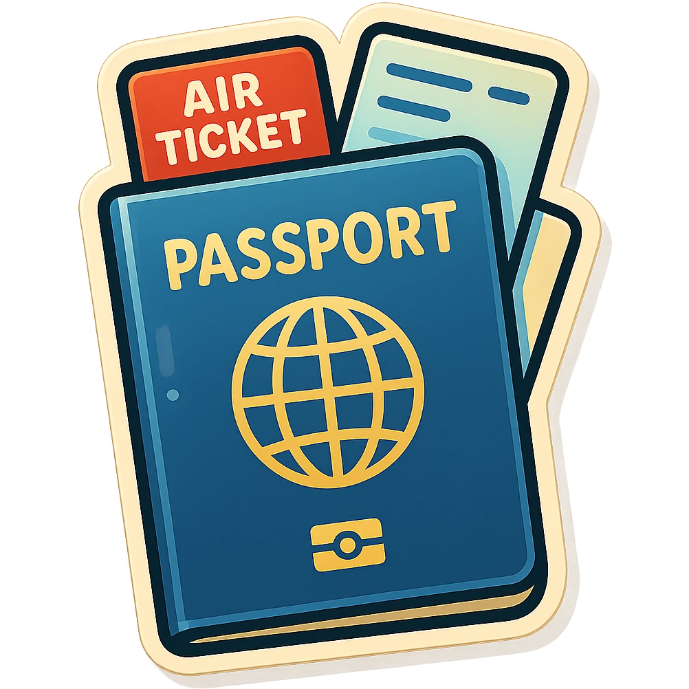 vector-style drawing of a closed passport with one ticket sticking out from the side and another from the top, in a retro sticker style with bold outlines and glossy highlights emoji