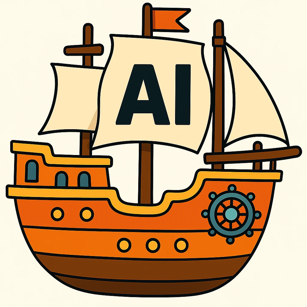 Replace the skull on the pirate ship's sail with the letters 'AI' in a matching bold style, keep the rest of the image unchanged, vibrant cartoon style. emoji