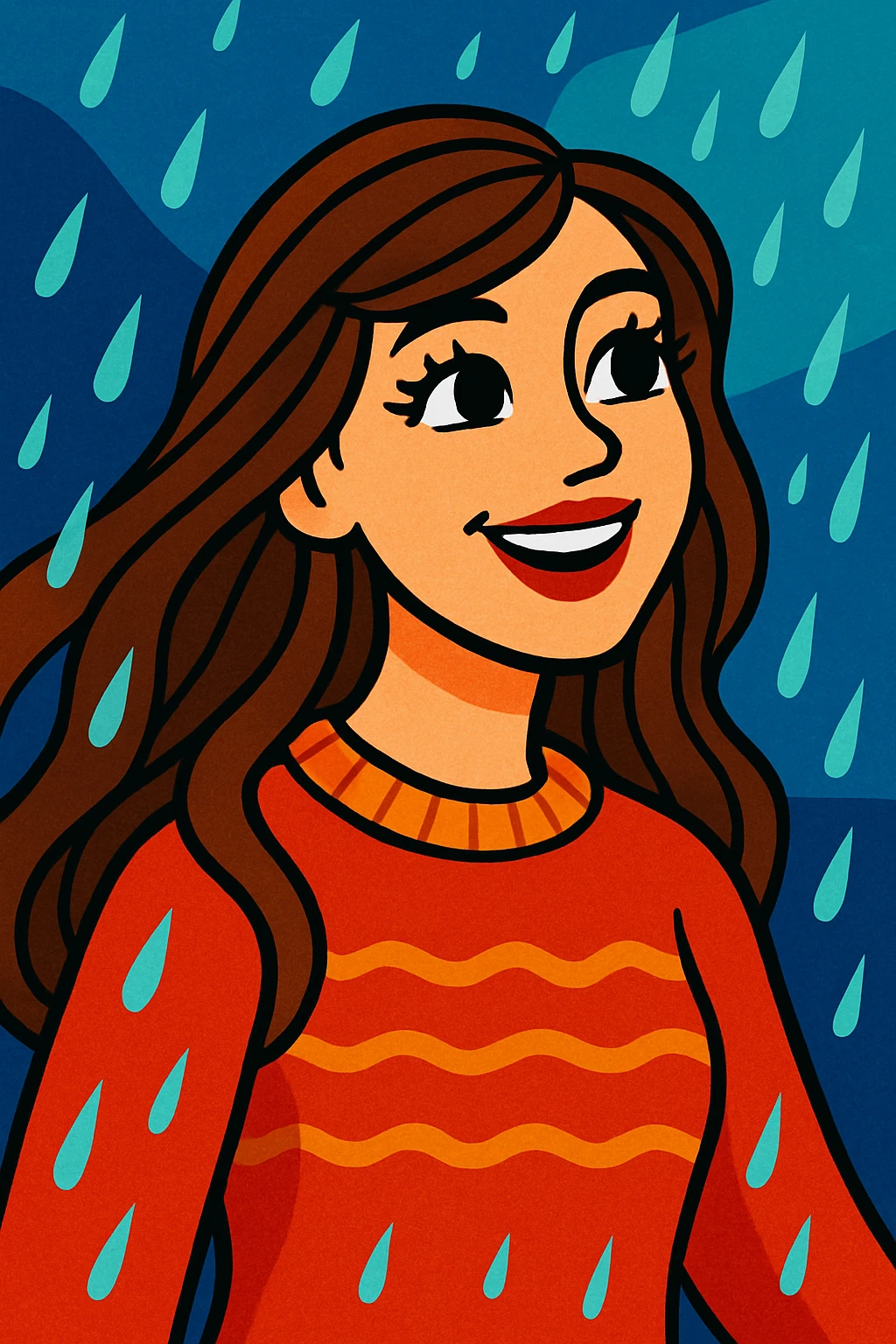 white woman with long brown hair and brown eyes, wearing a sweater, smiling in the rain, with long eyelashes and red lips, in a vibrant cartoon style emoji