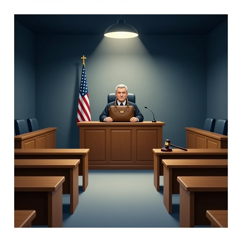 "Surreal courtroom scene, an empty judge’s bench with a handbag placed on the judge’s seat as if it is the judge. Wooden courtroom, gavel on the bench, cinematic lighting, slightly humorous and mysterious, high detail." ✨ emoji