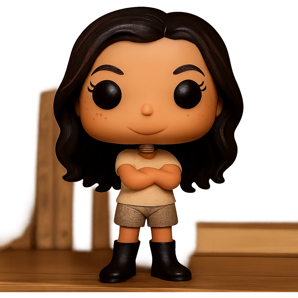 Enhance the Funko Pop style image with dark hair featuring subtle auburn highlights, even darker leather boots, smooth tanned skin, textured clothing (cream top, greige bottom), crossed arms, rosy cheekbones, very subtle freckles, a mischievous and playful expression without a mouth, and a transparent background. emoji