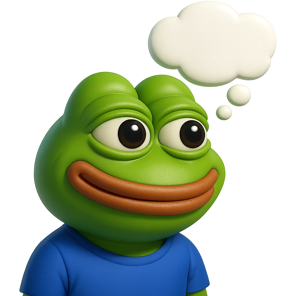 make a pepe in bright green smiling with thought bubble looking at right side in 3d style, good highlights and shadows, drop shadows  emoji