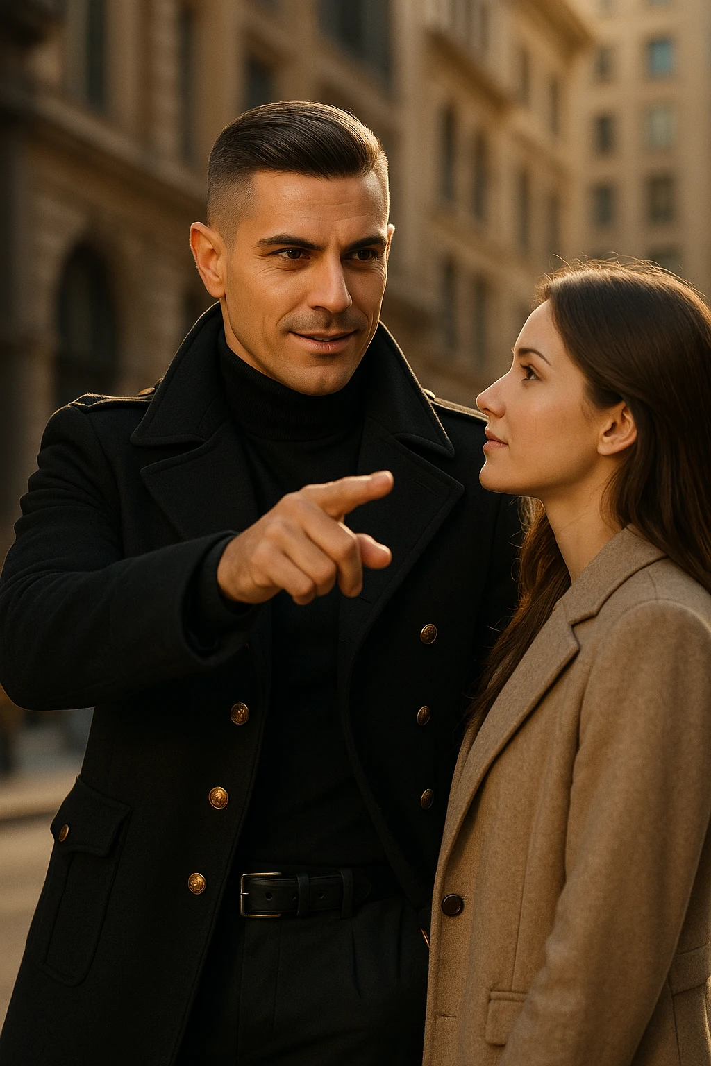 A confident man standing in front of a woman, gently pointing forward with a clear direction, showing leadership and confidence, the man is dressed sharply like a commander, the woman looks at him with trust, warm sunlight, cinematic lighting, high-resolution, realistic details, elegant urban background, depth of field, 50mm lens look. emoji