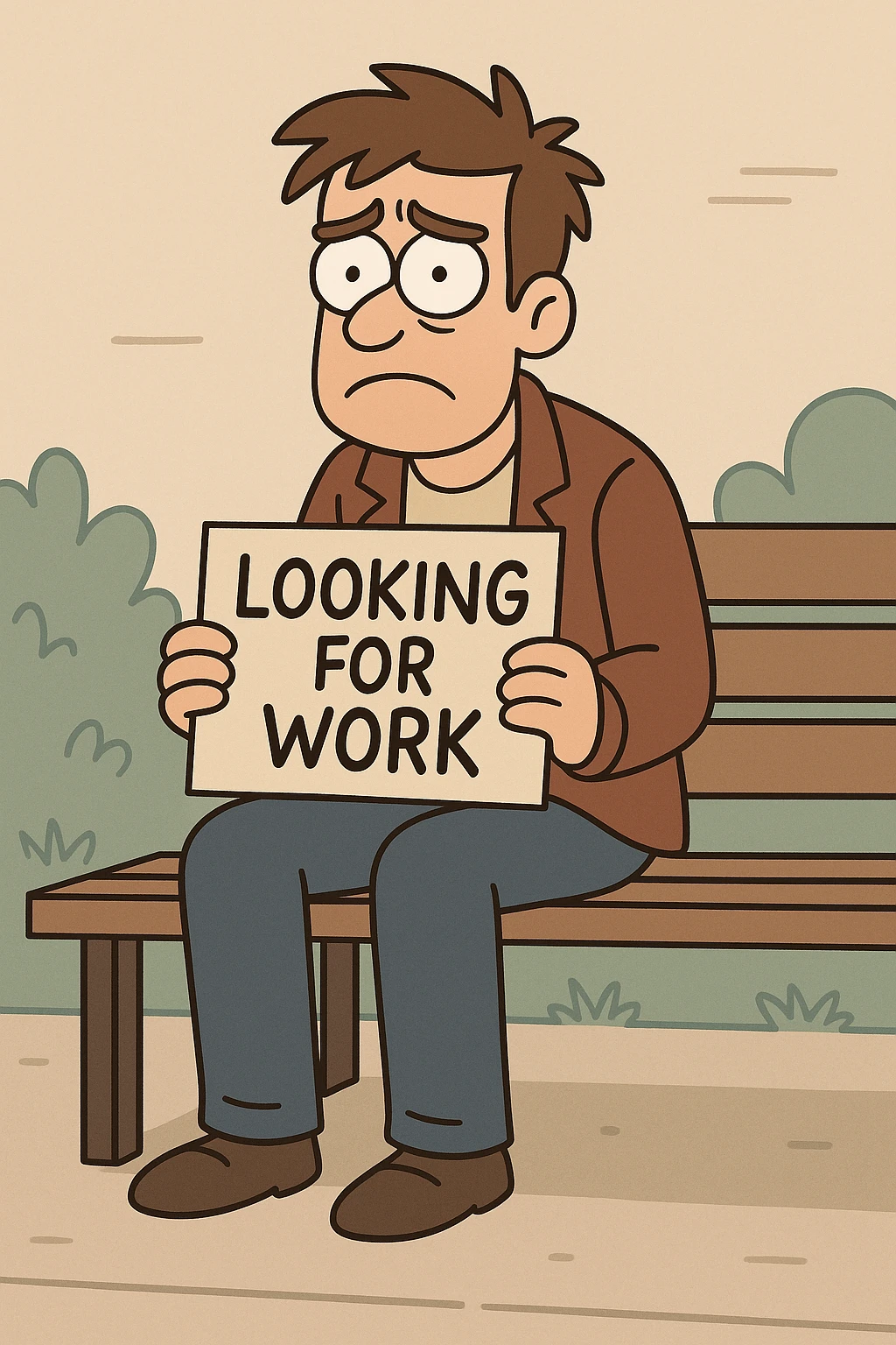 a worried man sitting on a bench with a 'looking for work' sign, flat toon style emoji