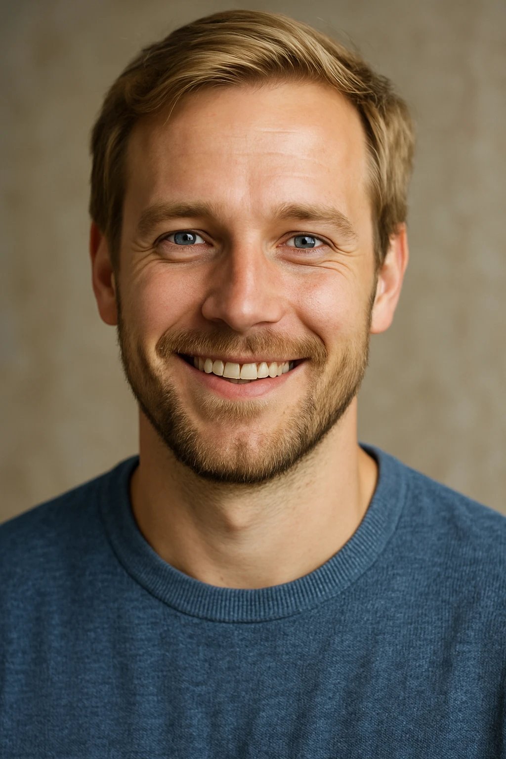 A smiling blonde man, age 35, with blue eyes and a light beard. emoji