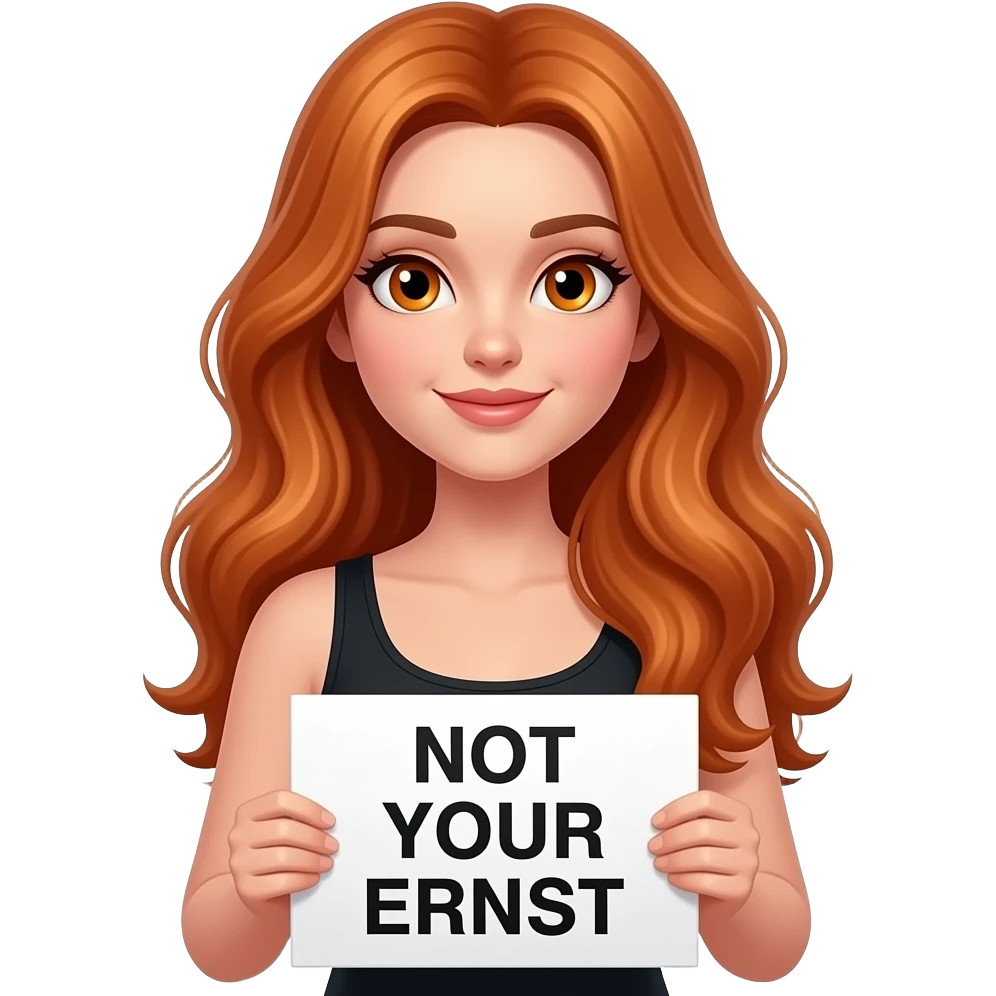 sexy girl with long wavy ginger hair and ginger eyes wearing a black tanktop is holding a white colored sign with NOT YOUR ERNST written on it emoji