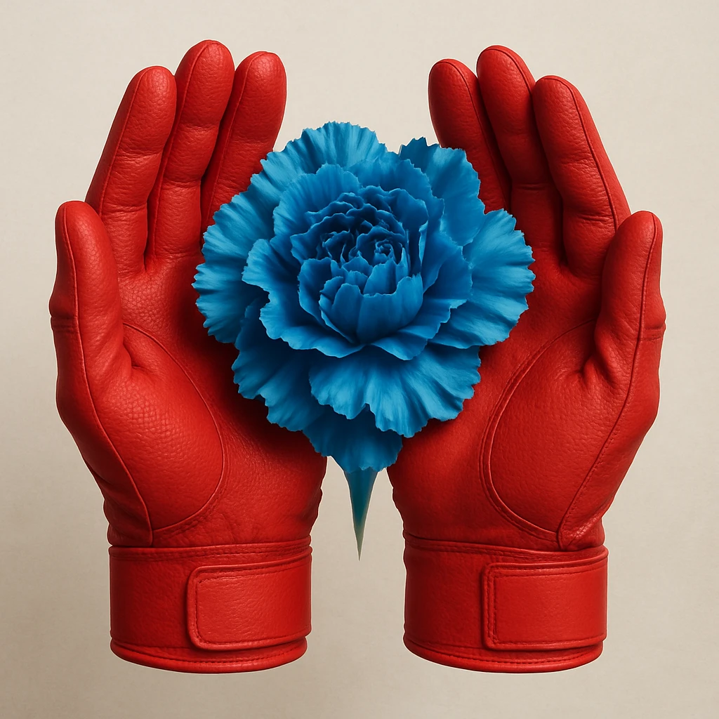 Red batting gloves positioned with palms out, visually merging to create the illusion of a blue carnation. emoji