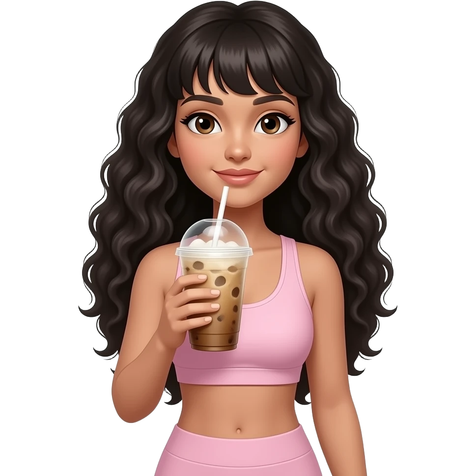 Long curly black hair, bangs, white skin, ice coffe in hand, light pink workout clothes emoji