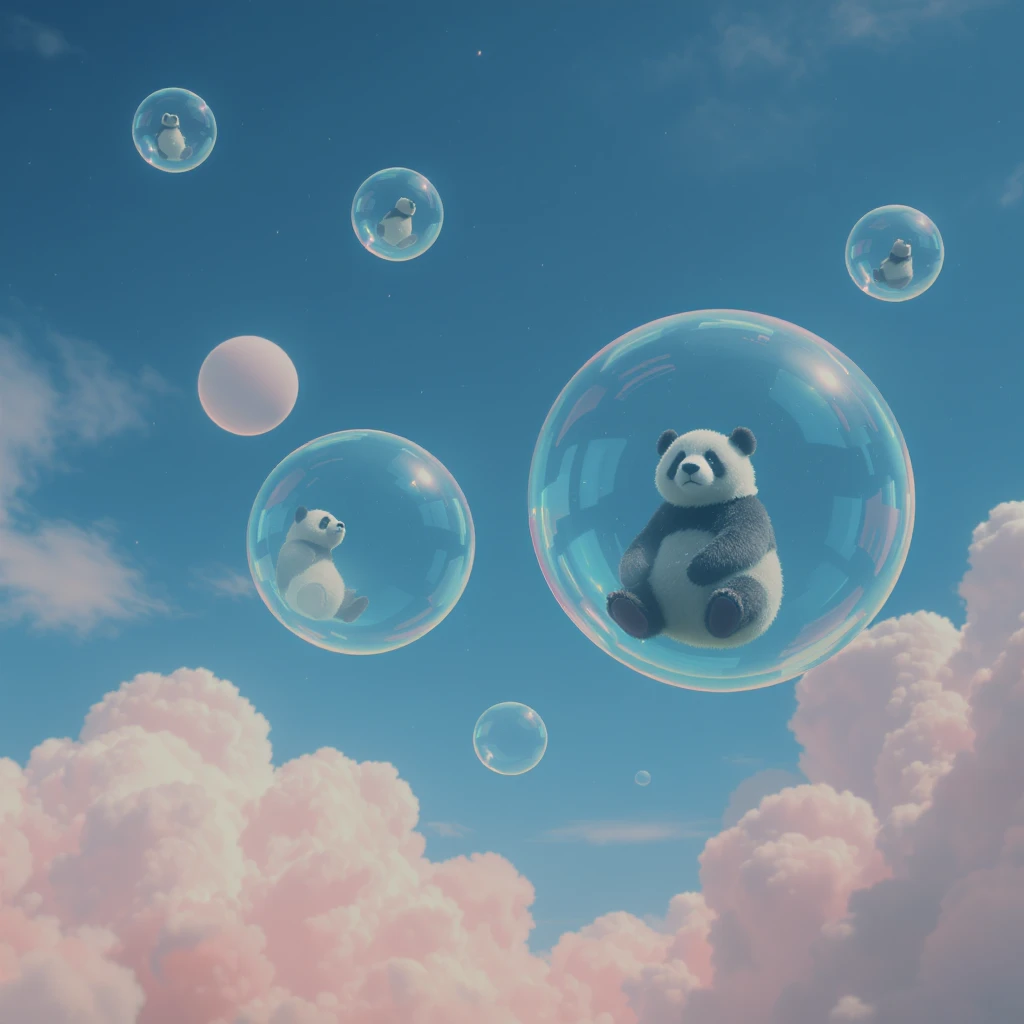 Realistic, Minimalistic Cinematic still of pandas bears sitting inside flying bubbles, blue sky filling background , pink clouds emoji