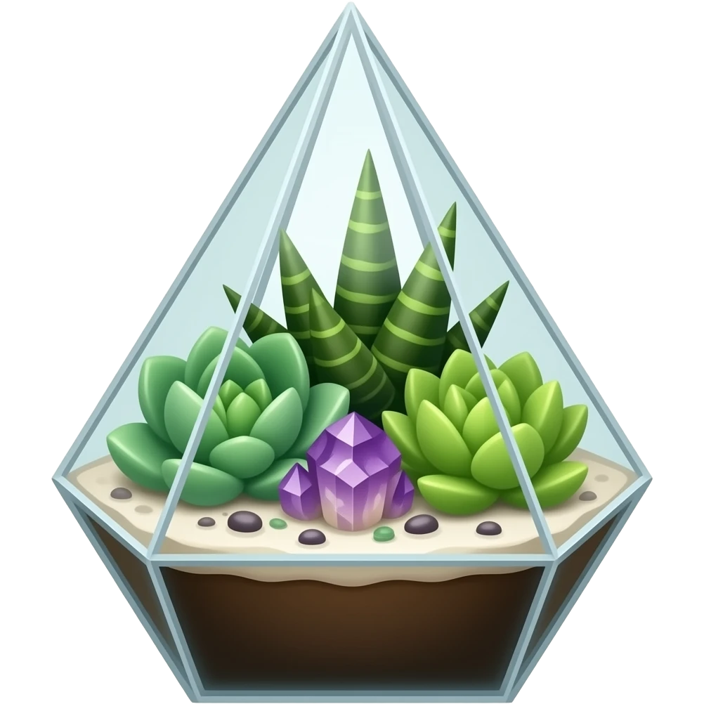 Mini succulents geometrical terrarium with small amethyst cluster inside emoji