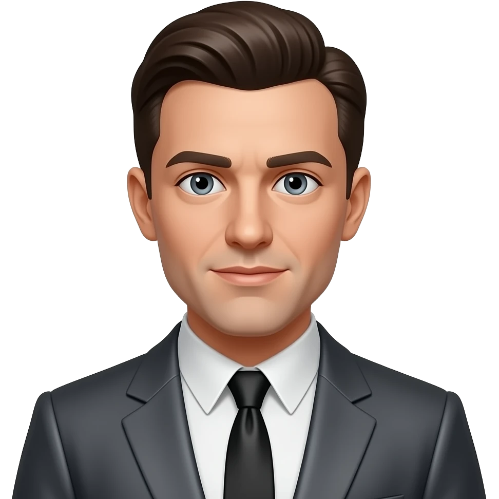 Nathan Leopold Jr from Leopold and Loeb with gray eyes, dark brown hair, white metallic shirt, dark gray metallic suit jacket, black metallic tie emoji