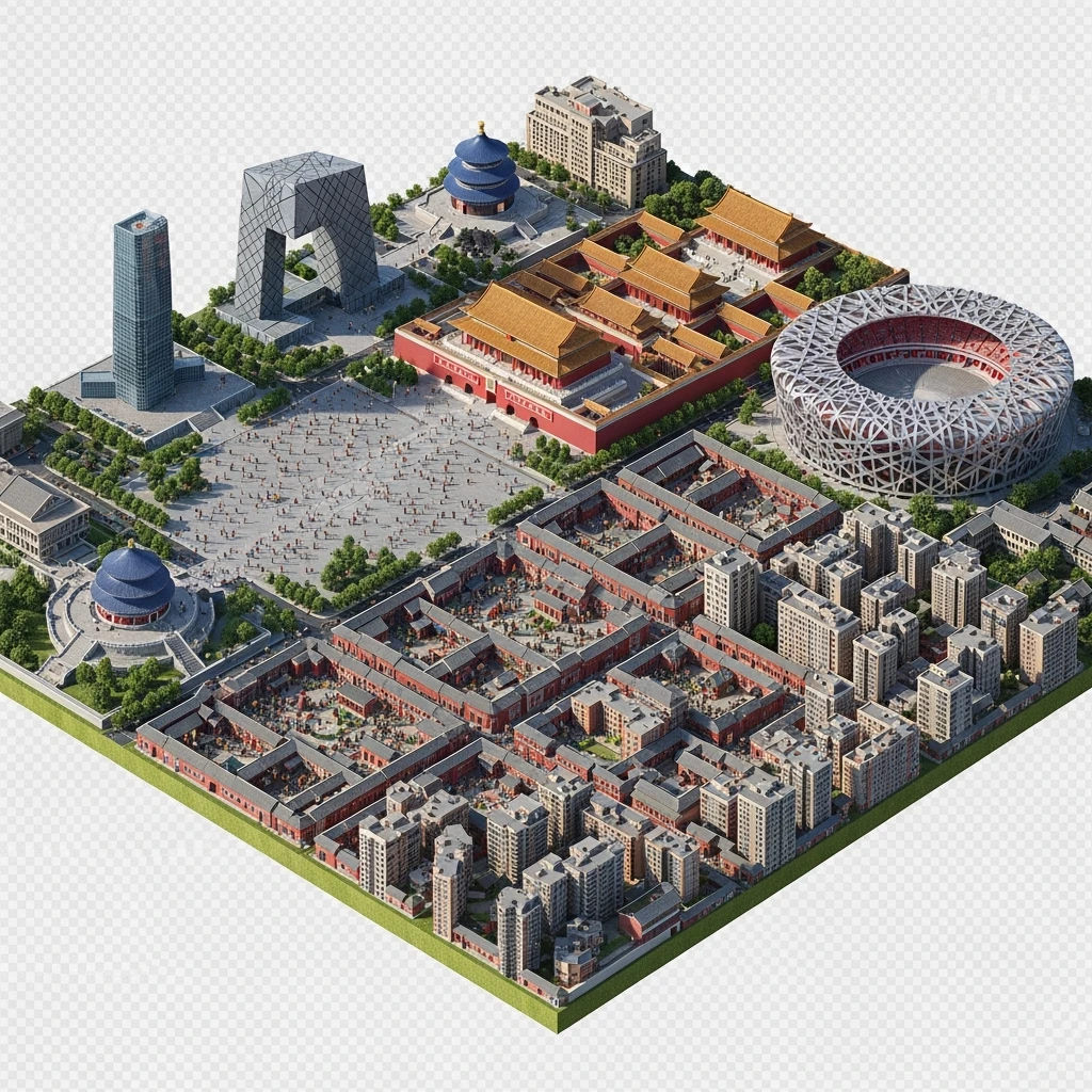 Isometric miniature of Beijing Forbidden City, Tiananmen Square, CCTV Headquarters, Temple of Heaven, Bird’s Nest Stadium and crowded hutong alleys, sprawling apartment blocks, 3D miniature effect and Tilt Shift effect, no cartoonish look, transparent background. emoji