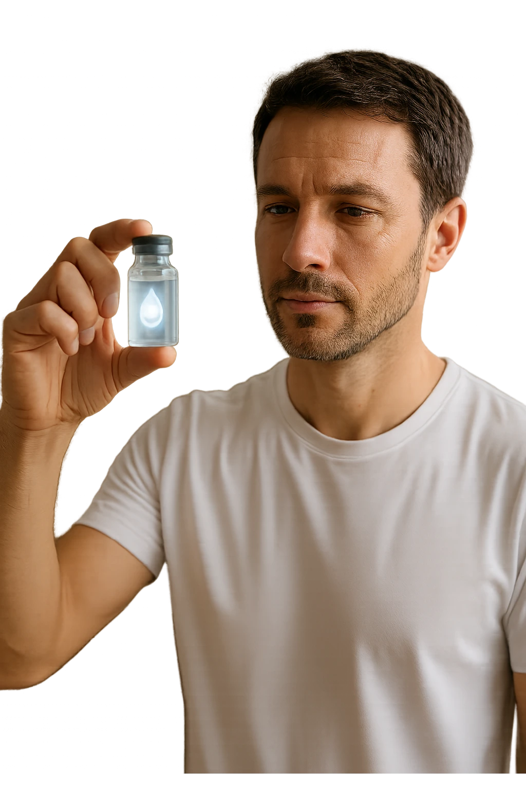 A realistic, high-quality cinematic photo of a health-conscious man in his late 30s holding a small clear glass vial filled with structured, informatized water used in kinesiological treatments. The man is standing in a bright, clean holistic therapy studio with wooden furniture and plants, looking at the vial with a focused, hopeful expression. The vial has a minimalist label with a water droplet symbol, glowing softly to symbolize its informational energy properties. The atmosphere is calm, professional, and filled with natural light, conveying the holistic, gentle yet advanced nature of kinesiological practices emoji
