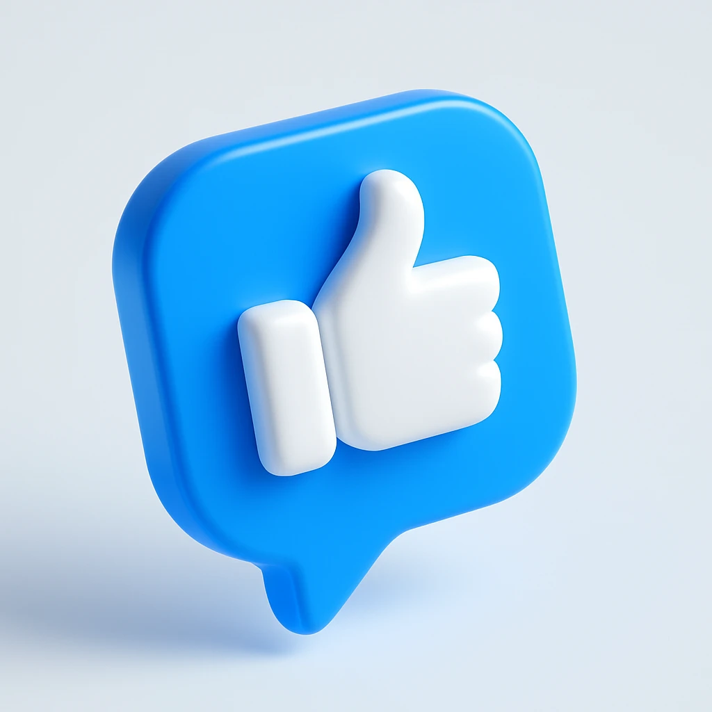 3D thumbs up like icon, white thumb on bright blue speech bubble, modern social media style, floating, high gloss, minimal design, centered, isolated on soft light background emoji