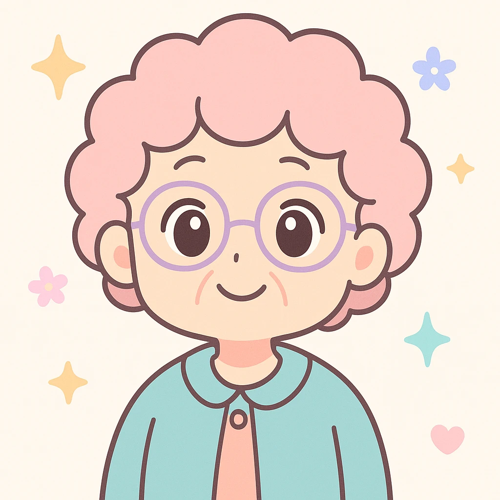 anime style senior woman with glasses, curly hair, warm smile emoji